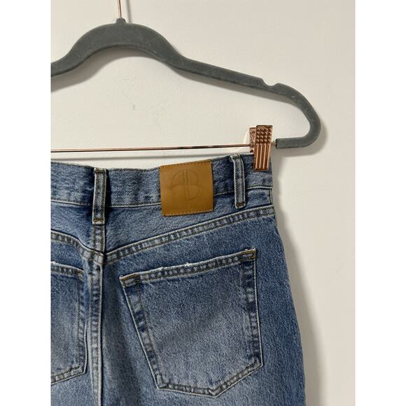 Anine Bing Straight Leg Jeans High Rise 100% Cotton Blue Raw Hem Distressed 25 - Picture 6 of 11
